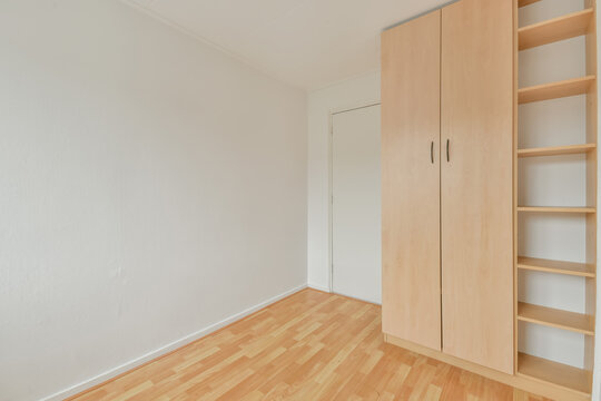 Minimalist interior with wooden wardrobe and shelves
