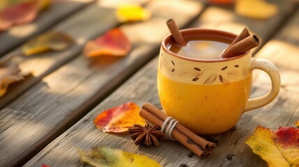 Warm Apple Cider with Cinnamon and Cloves on Autumn Deck. AI generated illustration