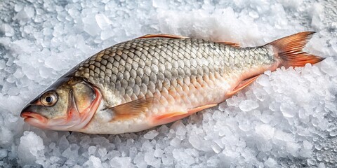Fototapeta premium a photo image of a fresh carp fillet lying on a bed of crushed ice, with a subtle sheen to the fish's skin and the ice's edges slightly fogged.