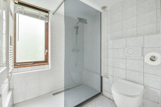 Modern bathroom with shower and natural light