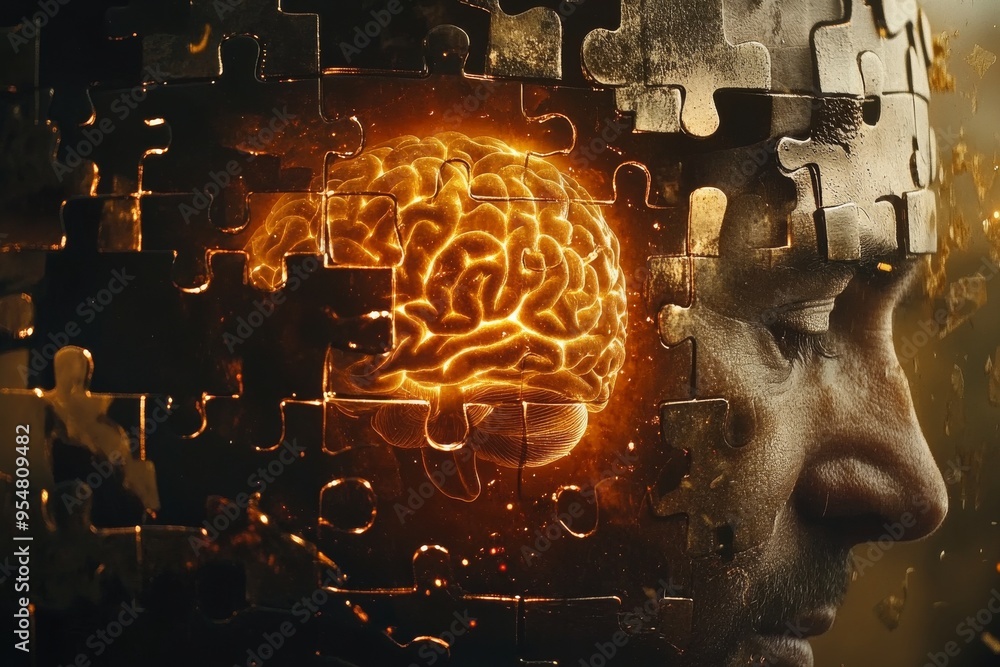 Aufkleber synaptic transmission brain mapping profile of a man with a glowing brain and puzzle pieces symboliz