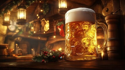 Oversized Glass of Golden Beer in Cozy Tavern. AI generated illustration