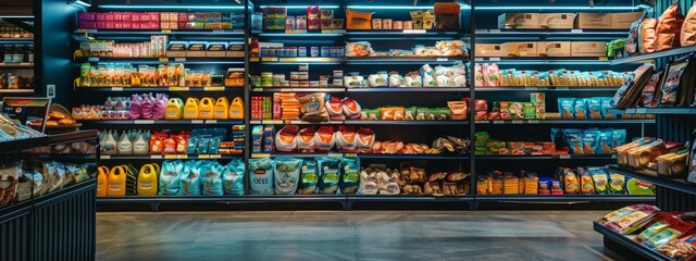 Colorful supermarket aisle filled with various food products on shelves