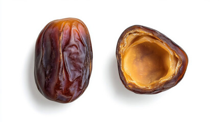 Dried dates, both whole and halved, isolated on a white background. Clipping path included. 