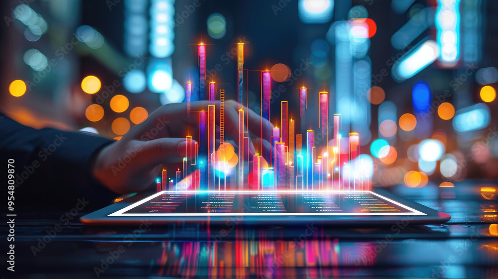 Poster a businessperson analyzing growth charts on a digital tablet, with a background of increasing stock 