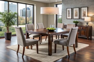 Crafted from rich, dark wood, this modern dining table features a clean-lined rectangular silhouette and prominent wood