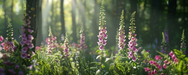 Obraz premium Whimsical foxglove flowers in a woodland clearing, 4K hyperrealistic photo