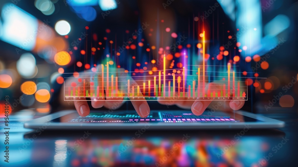 Poster a businessperson analyzing growth charts on a digital tablet, with a background of increasing stock 
