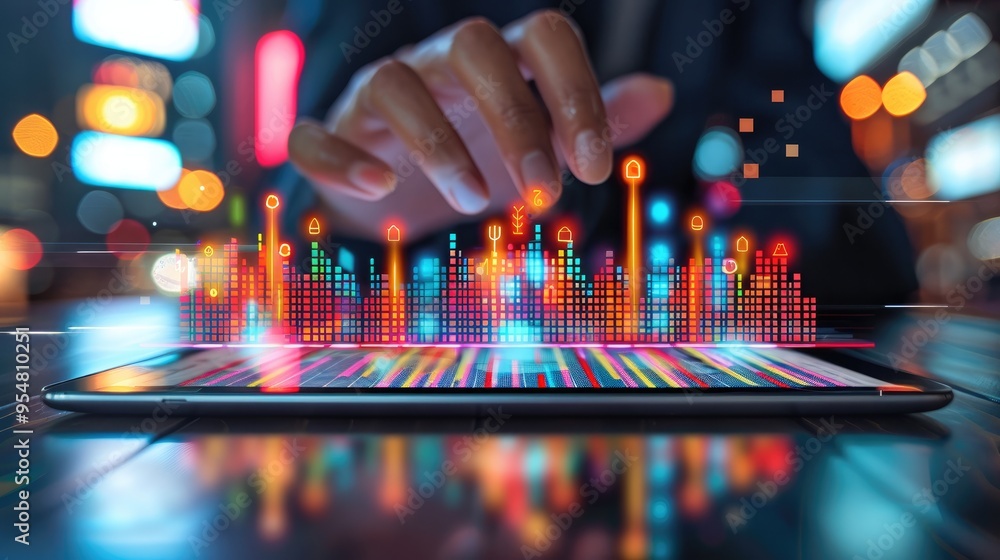 Poster a businessperson analyzing growth charts on a digital tablet, with a background of increasing stock 