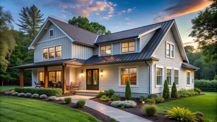 Crisp, clean lines and soft earth tones come together in a harmonious blend of white siding, modern windows,