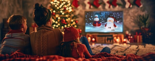 Family movie night with Christmas classics on TV, 4K hyperrealistic photo