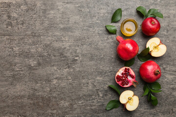 Flat lay composition with symbols jewish Rosh Hashanah holiday attributes on colored background, Rosh hashanah concept. New Year holiday Traditional. Top view with copy space