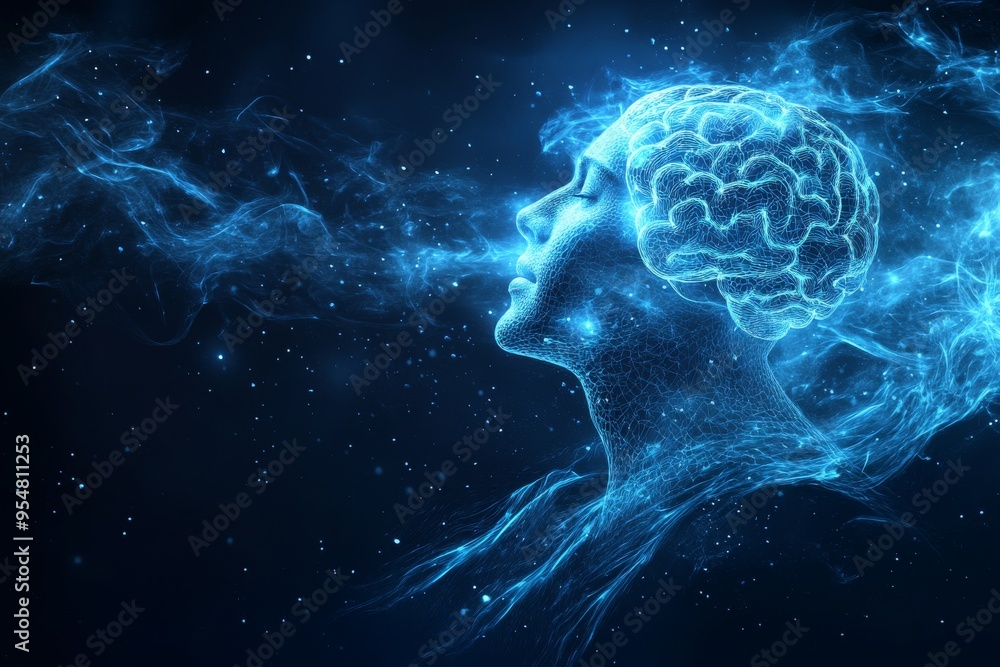 Poster depression thought processes abstract image of a floating blue brain in a nebulous space symbolizing