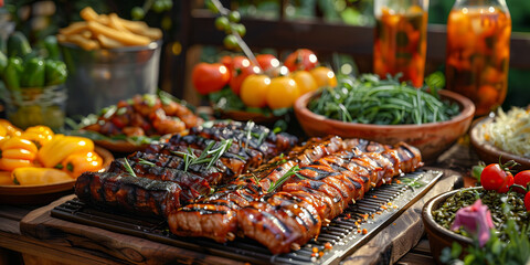 Fototapeta premium Traditional picnic food and bbq dishes for celebrating the Fourth of July or Juneteenth.