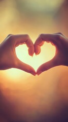 Fototapeta premium Two hands are positioned to create a heart shape, set against a soft, warm glow of sunset light