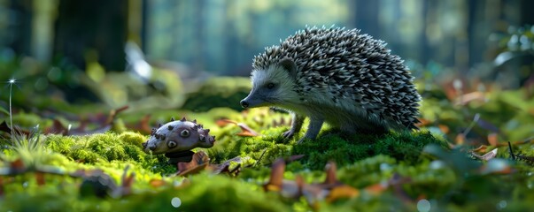 Obraz premium Enchanting hedgehog mushroom in mossy glade, 4K hyperrealistic photo