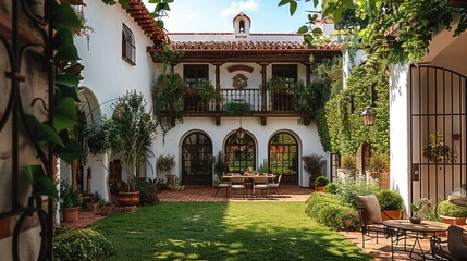 Fototapeta premium A spacious courtyard with a large lawn and naturally growing plants, surrounded by white walls and red terracotta tiles. beautiful wooden pergola, wrought iron tables and chairs. Generative AI.