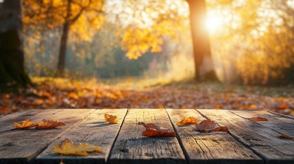 Wooden Table with Autumn Leaves Overlooking Golden Forest and Setting Sun. AI generated illustration