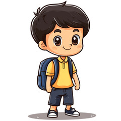 Fototapeta premium Cute cartoon school boy in yellow shirt and backpack on a white background ready for class
