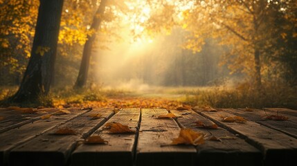 Wooden Table with Autumn Leaves Overlooking Golden Forest and Setting Sun. AI generated illustration