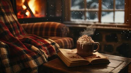 Cozy Winter Night with Hot Chocolate. AI generated illustration