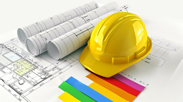 Helmet with bluprint construction colorful bar graph isolated on white background.