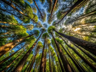 Towering trees forest canopy with a sense of drama, using chiaroscuro to highlight the textures and forms of the trees.