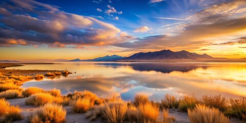 Obraz premium Great Salt Lake, Utah, USA in the evening, featuring a dreamy, ethereal quality, with the lake's misty atmosphere and soft, warm light evoking a sense of mystique and wonder.