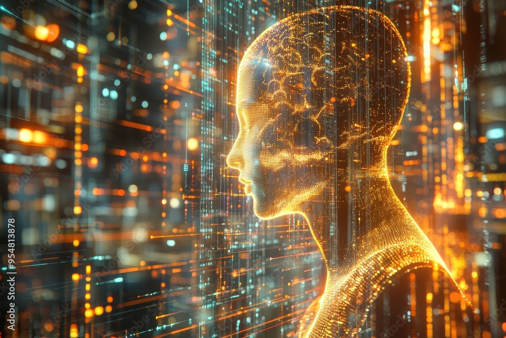 Poster mind body connection thought processes abstract digital profile of a human head with glowing circuit