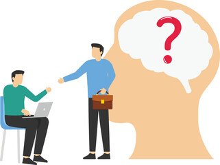 Brainstorm business people, self questioning and decision making. Modern vector illustration in flat style.
