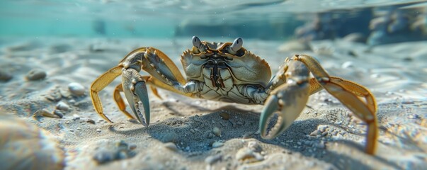 Busy crab scuttling across sandy seabed, 4K hyperrealistic photo