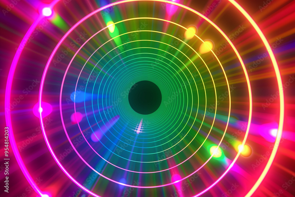 Poster abstract laser glow lights rotating in concentric circles, rainbow psychedelic spectrum of colors, d