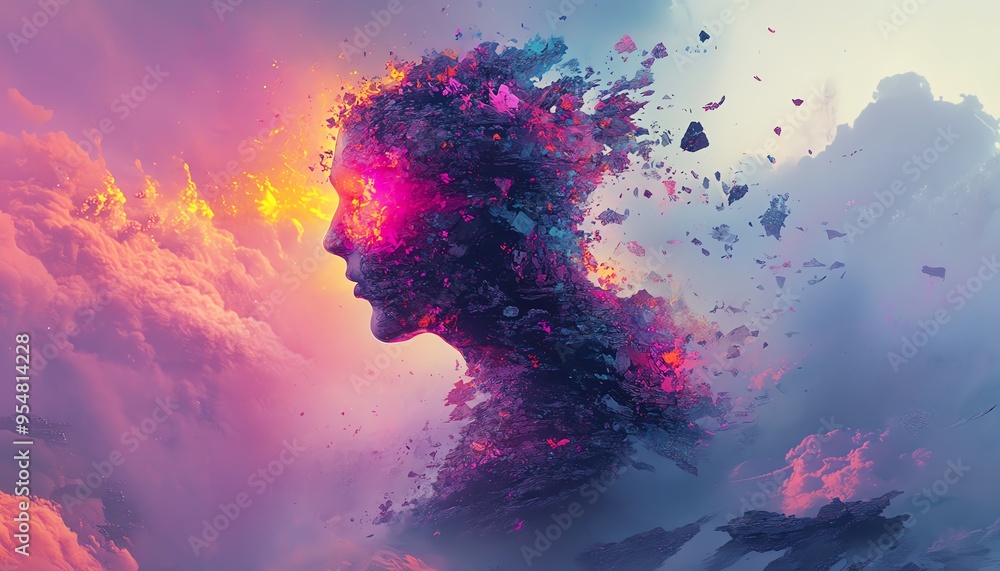 Poster Craft an abstract scene with blended colors forming shapes that represent choices