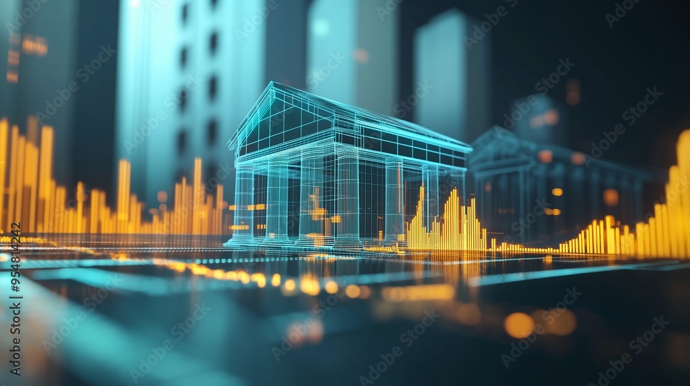 Poster a futuristic digital representation of a bank building with data visualizations in an urban setting 