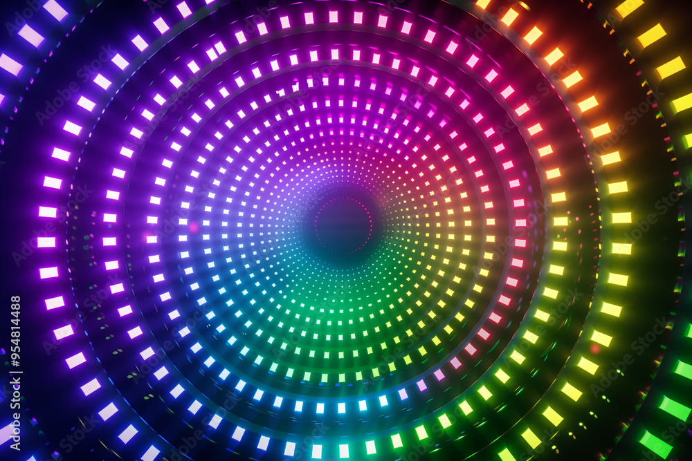 Poster abstract laser glow lights rotating in concentric circles, rainbow psychedelic spectrum of colors, d