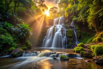 Obraz premium Cuquenan Falls in June peaceful, serene image of the falls at dusk, with soft, warm light, and a sense of calmness and relaxation, with accurate depiction of the rainforest's sounds and scents.