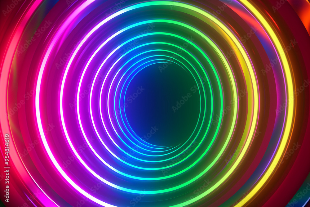 Poster abstract laser glow lights rotating in concentric circles, rainbow psychedelic spectrum of colors, d