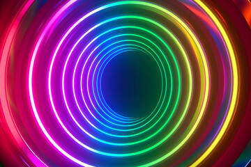 Abstract laser glow lights rotating in concentric circles, rainbow psychedelic spectrum of colors, disco dancing and electronic music background, seamless loop ready with chroma key green screen in ce