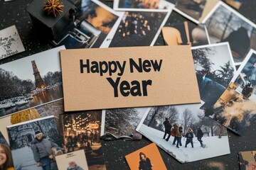 Naklejka premium Year in Review Collage: Pictures representing highlights of the past year, arranged in a grid. The text 