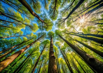 Towering trees forest canopy with a sense of motion, capturing the rustling of leaves and the swaying of branches in the breeze.