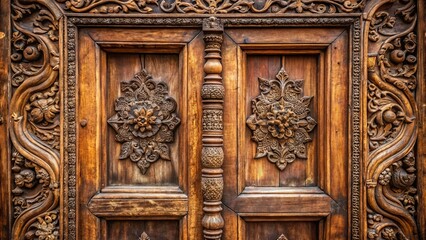 A photo image of a worn wooden door frame with intricate carvings, fading to a warm teak color from years of exposure.
