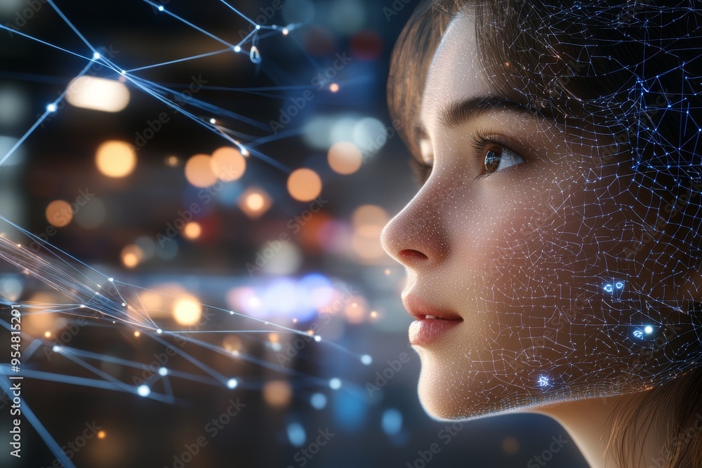 Poster neuroeconomics thought processes profile of a young woman with glowing neural networks symbolizing c