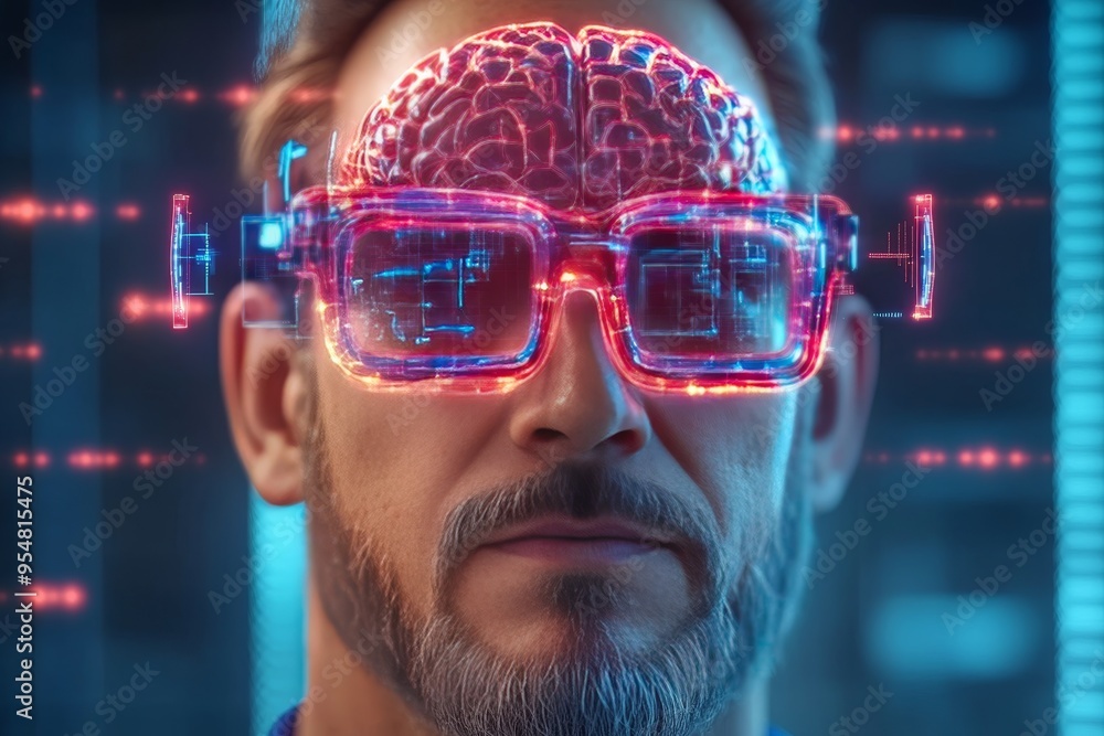 Poster memory recall thought processes portrait of a man wearing futuristic glasses with a glowing brain in