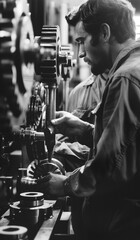 Fototapeta premium Close up of two quality engineers inspecting bearings in a busy plant.