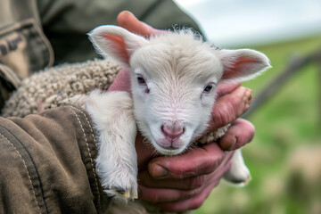 Obraz premium Close-up of a newborn lamb being gently held by a farmer, emphasizing the nurturing aspect of livestock farming.
