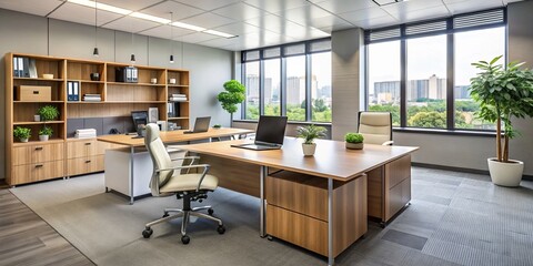"Elegant office space features modern desk, comfortable chairs, and efficient filing cabinets for sale or rent to