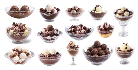 Ice cream with chocolate in a glass bowl on an isolated background.