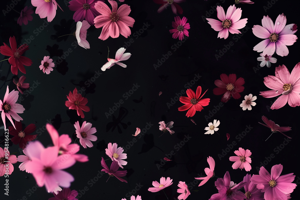 Poster animation flying of realistic flowers buds on black background. seamless animation of colorful flowe