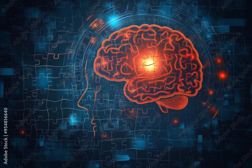 Poster neurogenesis thought processes abstract image of a human brain maze glowing in red symbolizing the c