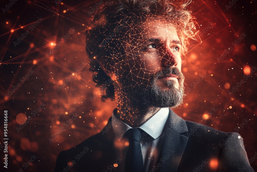 Poster synaptic transmission thought processes portrait of a businessman surrounded by glowing networks sym